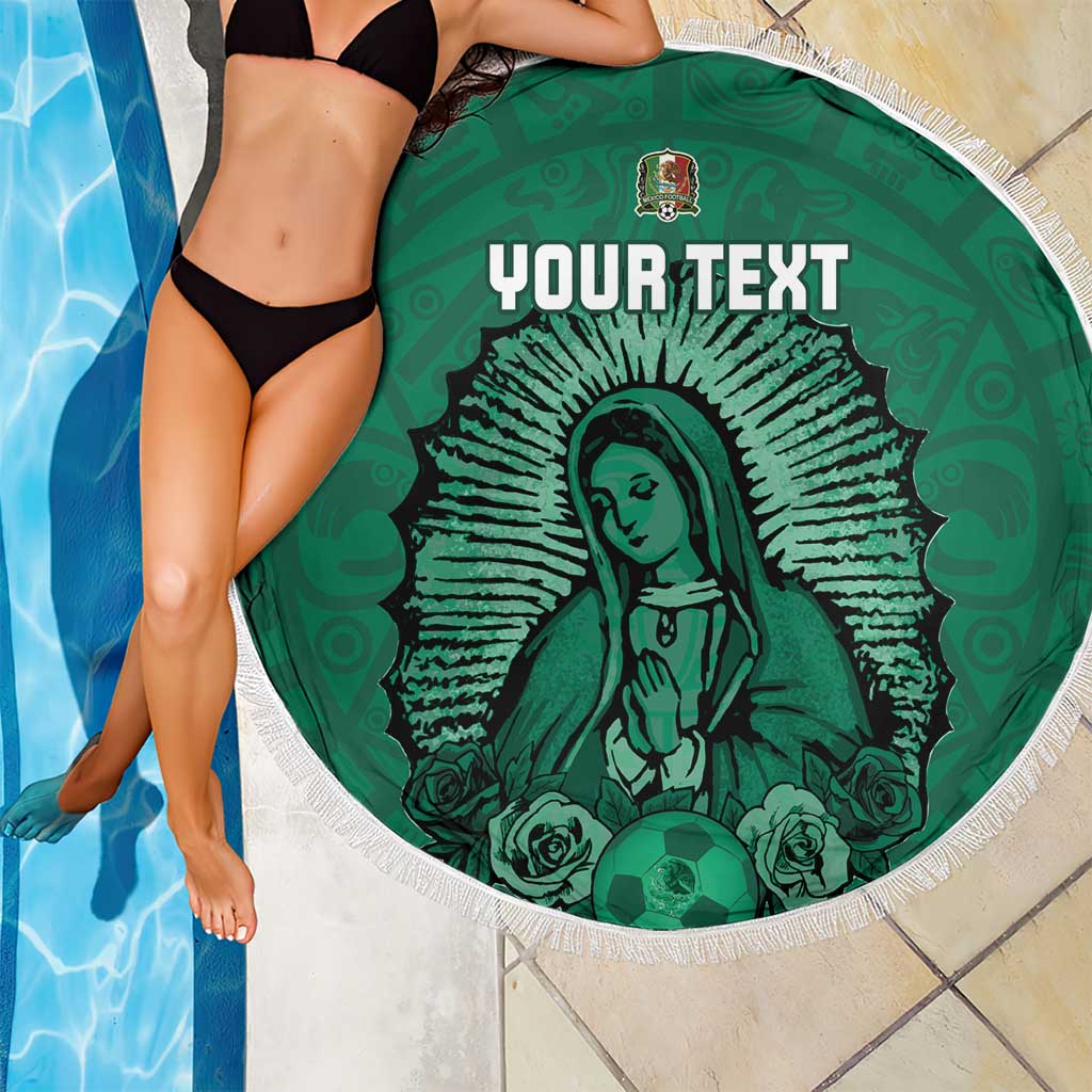 Green round beach blanket with fringed edge, Virgin Mary football design, custom text