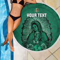 Green round beach blanket with fringed edge, Virgin Mary football design, custom text