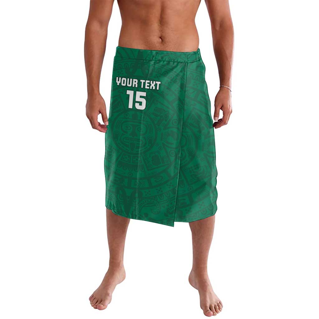 Green printed wrap-style skirt with elastic waistband and 'YOUR TEXT 15' front