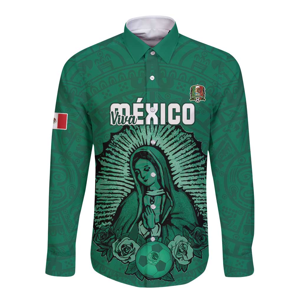 Green long-sleeve button football shirt with Viva Mexico graphic and soccer ball