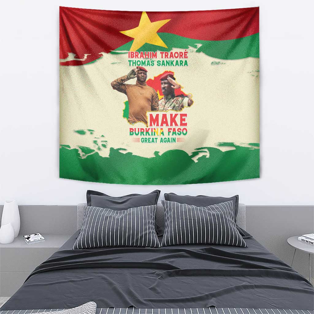 Wall tapestry with Burkina Faso-style flag colors, portraits, and printed slogan text