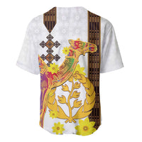 White baseball jersey with dark geometric side panels and colorful horse, flowers, tree motif