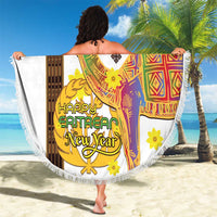 Round Eritrean New Year beach blanket with fringe edge and colorful camel celebration artwork