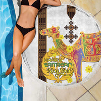 Round Eritrean New Year beach blanket with fringe trim and vibrant camel graphic centerpiece