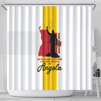 Shower curtain featuring Angola map flag artwork and Angola cursive logo
