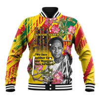 Unisex baseball jacket with colorful floral portrait graphic and striped ribbed trim