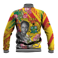 Back of unisex baseball jacket with YOUR TEXT and floral portrait graphic