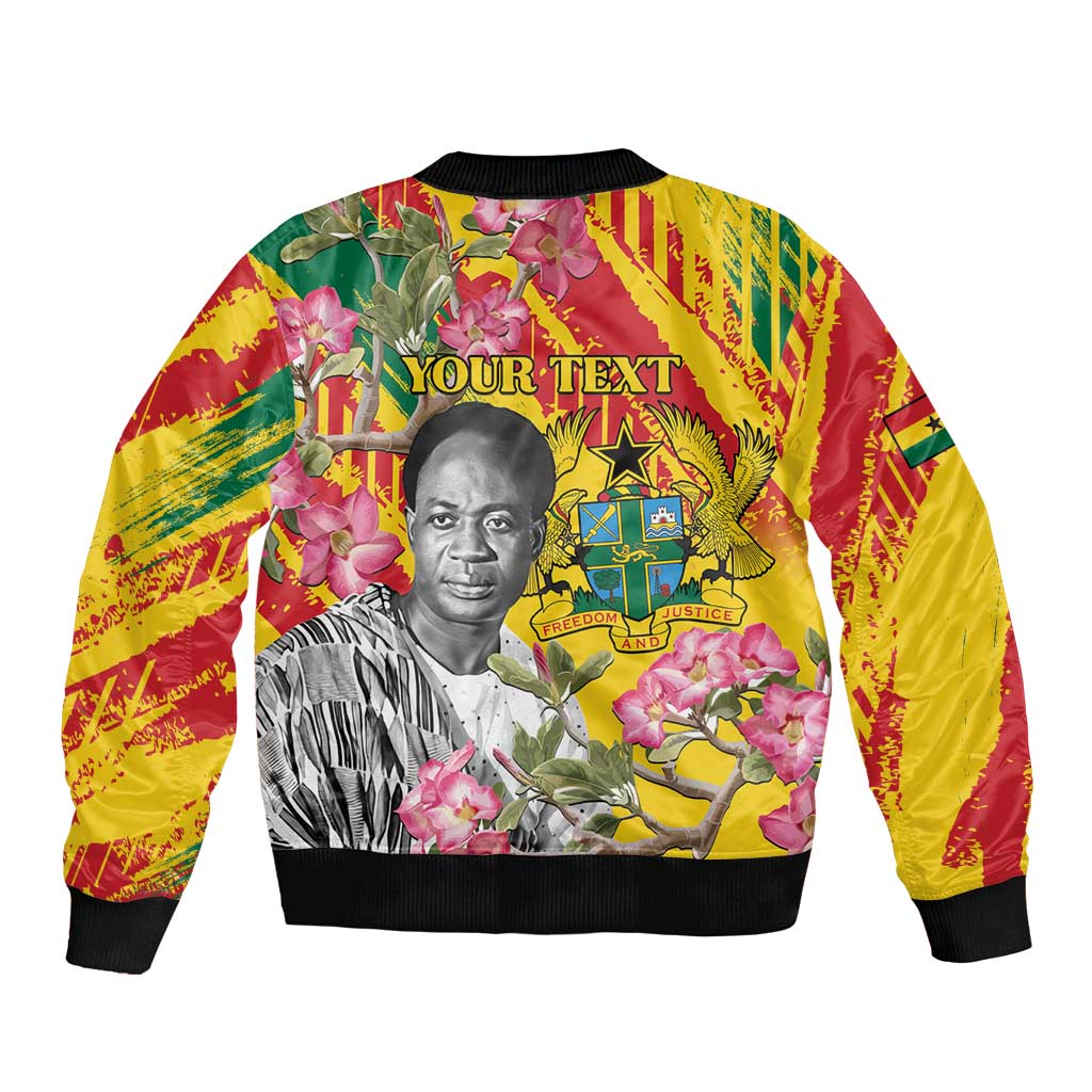 Yellow bomber jacket with 'YOUR TEXT' graphic, portrait and flowers; black ribbed trim