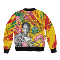 Yellow bomber jacket with 'YOUR TEXT' graphic, portrait and flowers; black ribbed trim