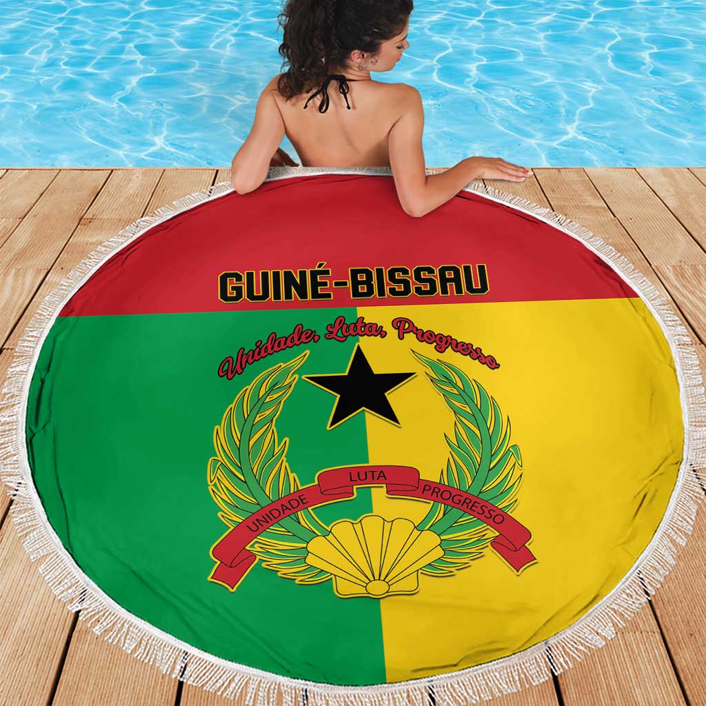 Round beach blanket with Guinea-Bissau flag print on deck, white fringed border