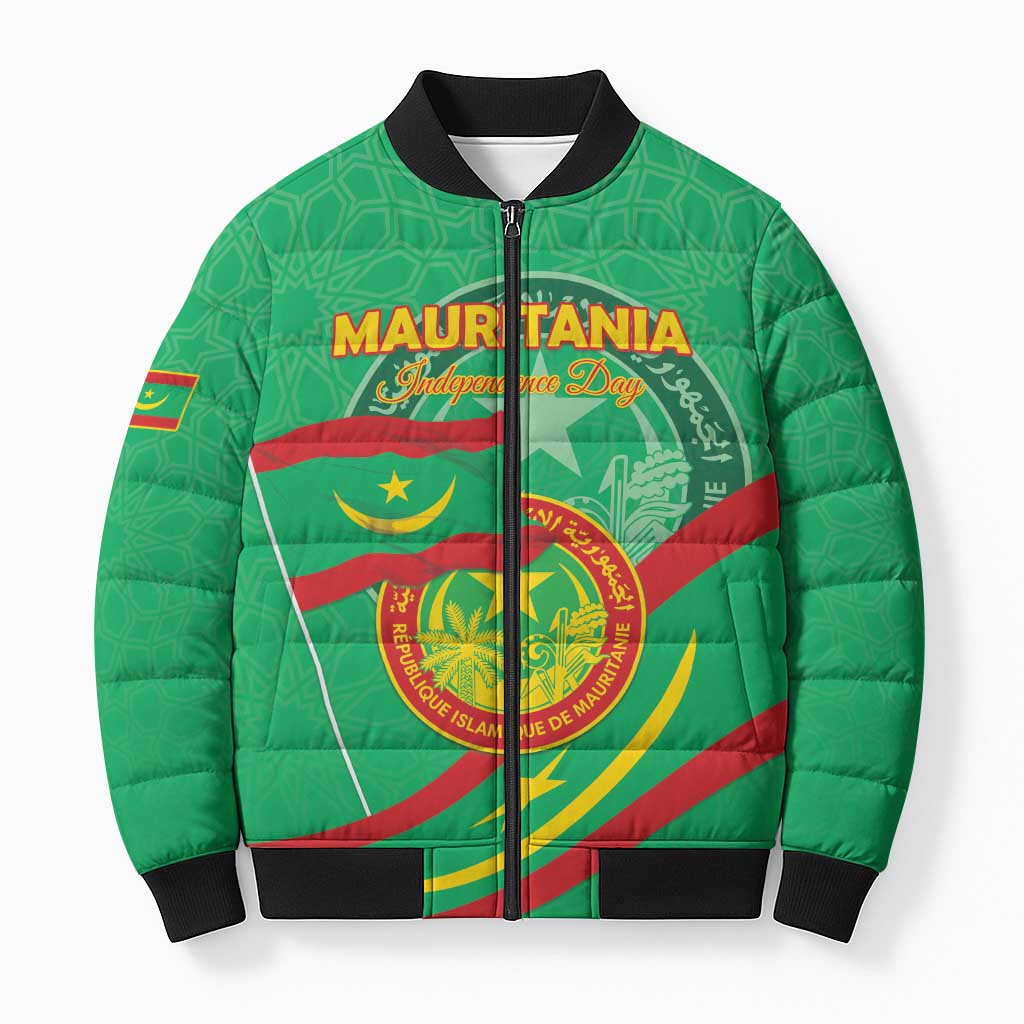 Personalized Mauritania Independence Day Bomber Puffer Jacket Coat Of Arms With Map - Wonder Print Shop