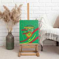 Green Mauritania Independence Day canvas wall art on wooden easel with coat of arms