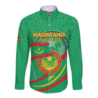 Green long-sleeve button shirt with front Independence Day graphic and coat of arms map