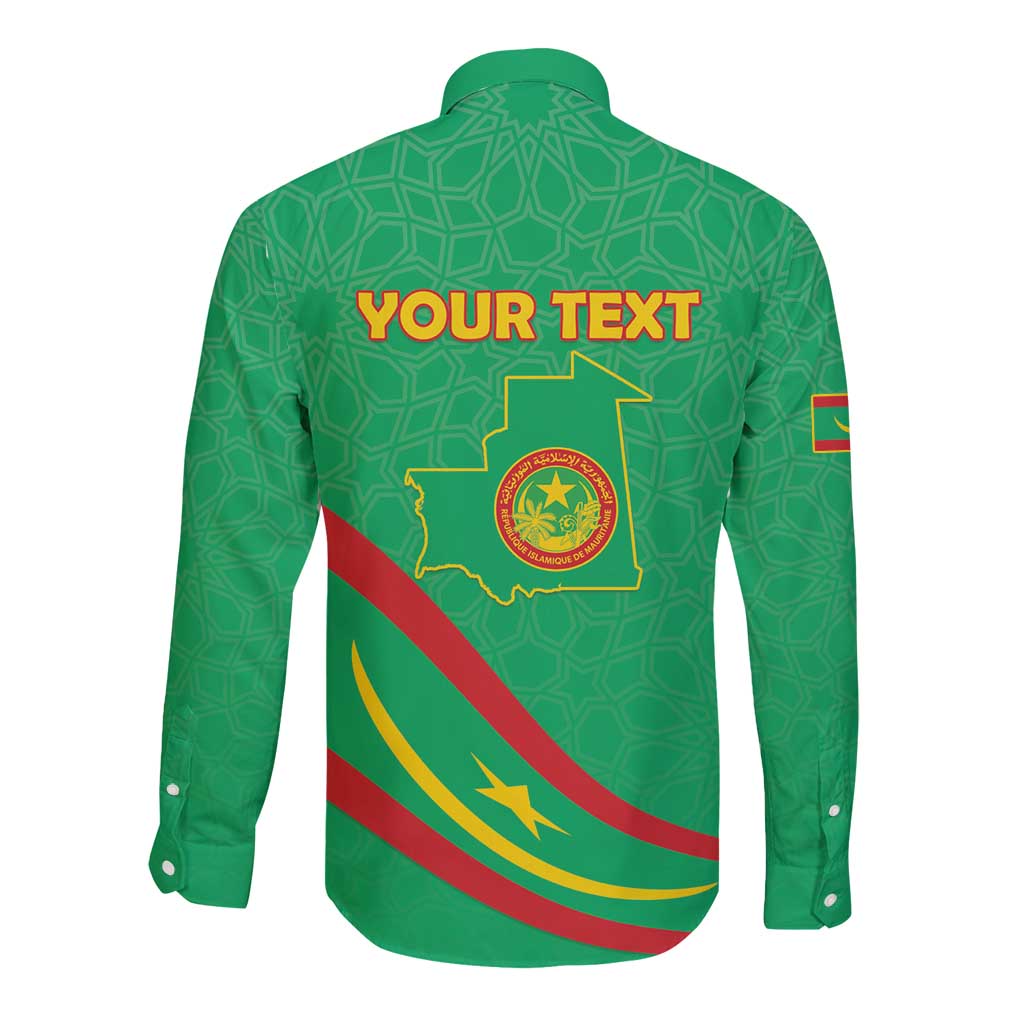 Green long-sleeve button shirt back with YOUR TEXT, map outline, and coat of arms crest