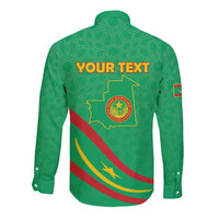 Green long-sleeve button shirt back with YOUR TEXT, map outline, and coat of arms crest