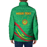 Green zip-up padded jacket back with map outline, emblem, and 'YOUR TEXT'