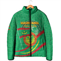 Green zip-up padded jacket on hanger with Mauritania flag and coat of arms graphic
