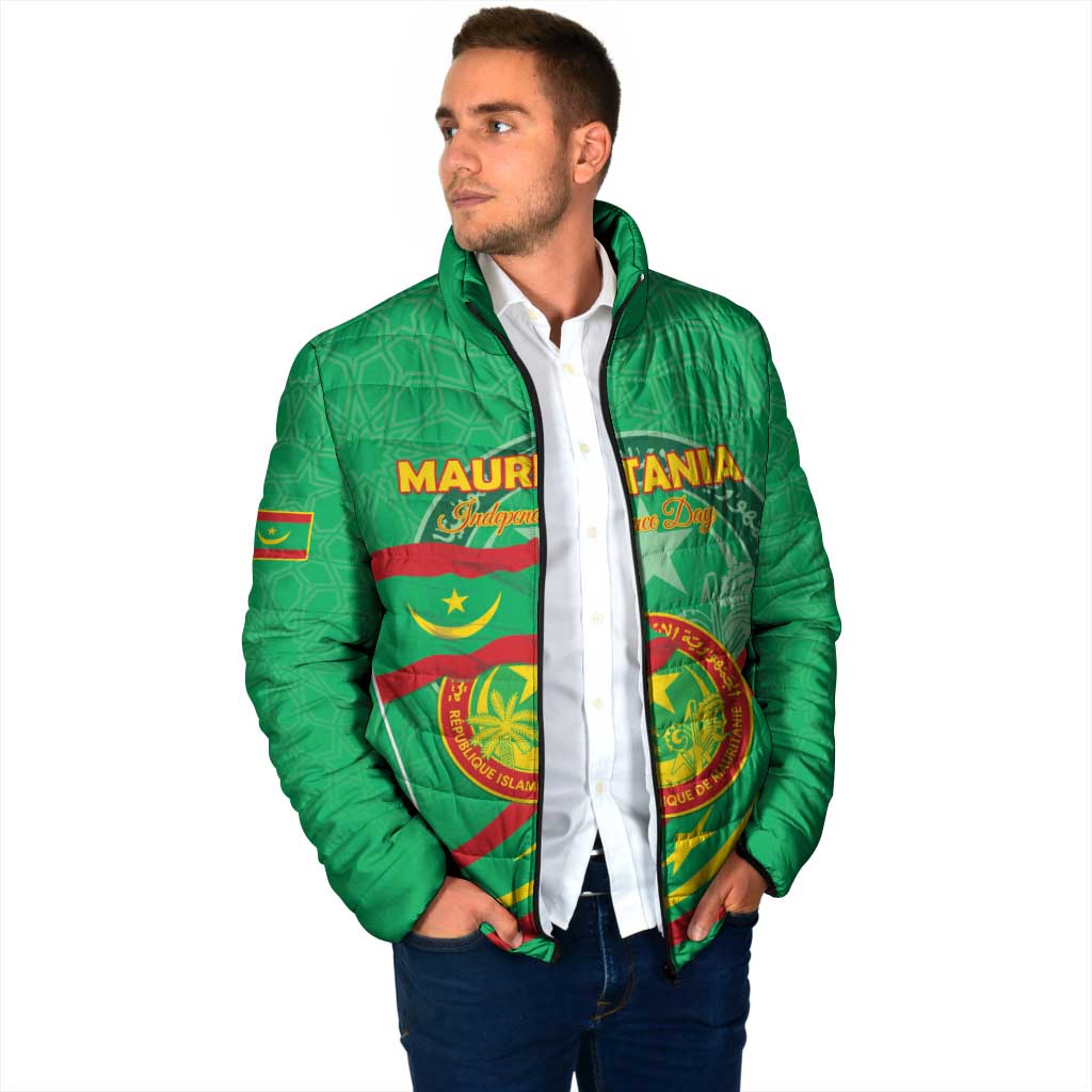 Green zip-up padded jacket with stand collar and Mauritania Independence Day graphic