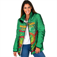 Women's green zip-up padded jacket with Mauritania flag and coat of arms graphic