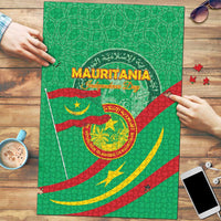 Green Mauritania Independence Day jigsaw puzzle with coat of arms and map design