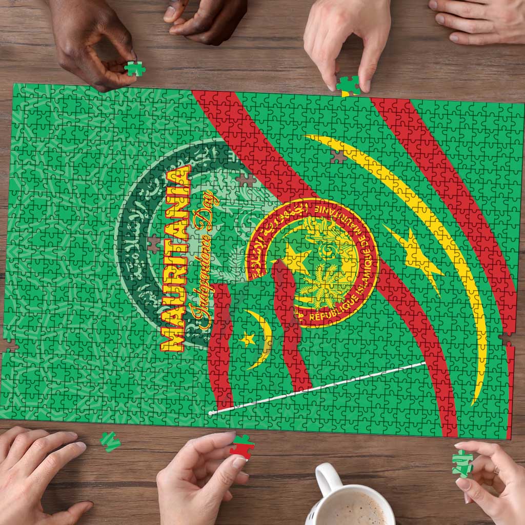 Green Mauritania jigsaw puzzle close-up with coat of arms and map, pieces scattered