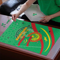 Green Mauritania jigsaw puzzle being assembled, coat of arms and map graphic