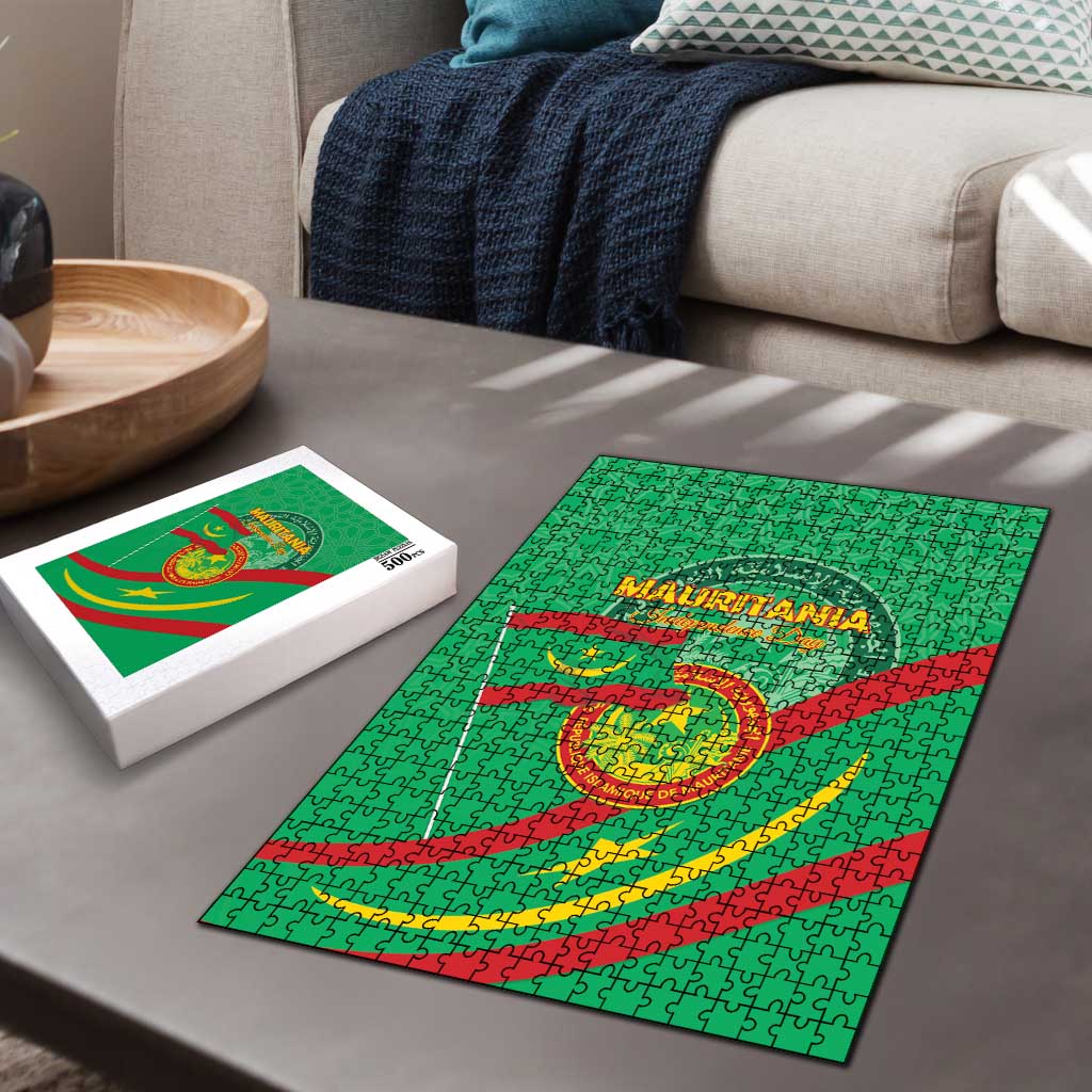 Green Mauritania jigsaw puzzle on sofa, coat of arms and map