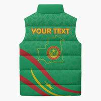 Green sleeveless puffer vest back with YOUR TEXT and Mauritania emblem, full-zip