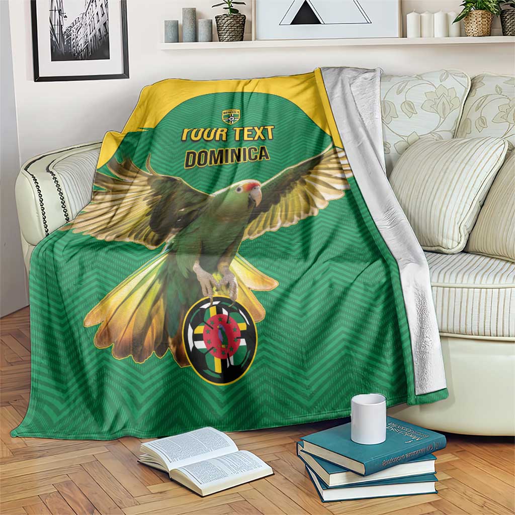 Green football blanket with yellow border, parrot graphic and custom text panel