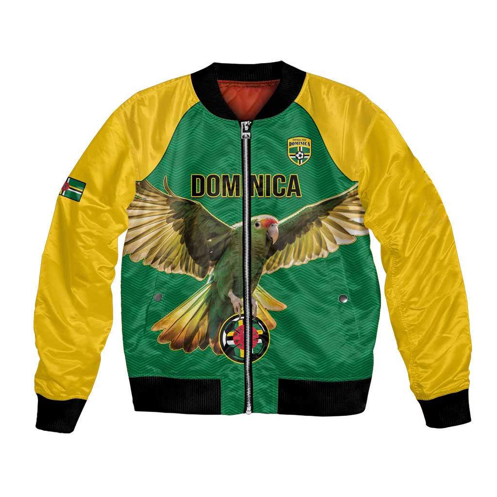 Dominica football bomber jacket with green body, yellow sleeves, parrot graphic, front zip