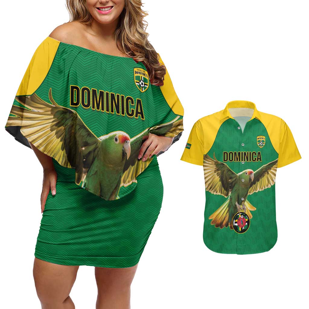 Custom Dominica Football Couples Matching Off Shoulder Short Dress and Hawaiian Shirt Sisserou Parrot Green Color - Wonder Print Shop