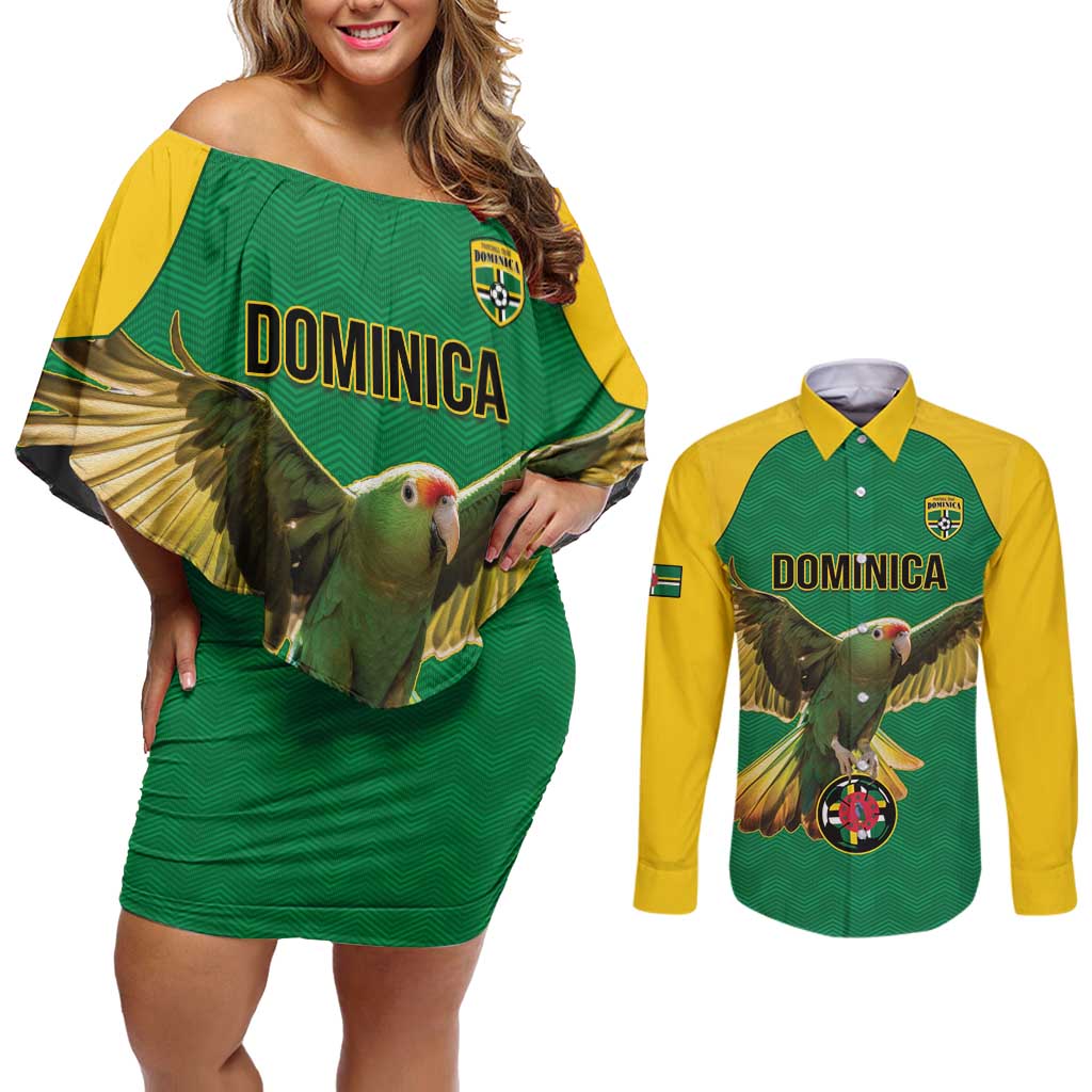 Custom Dominica Football Couples Matching Off Shoulder Short Dress and Long Sleeve Button Shirt Sisserou Parrot Green Color - Wonder Print Shop