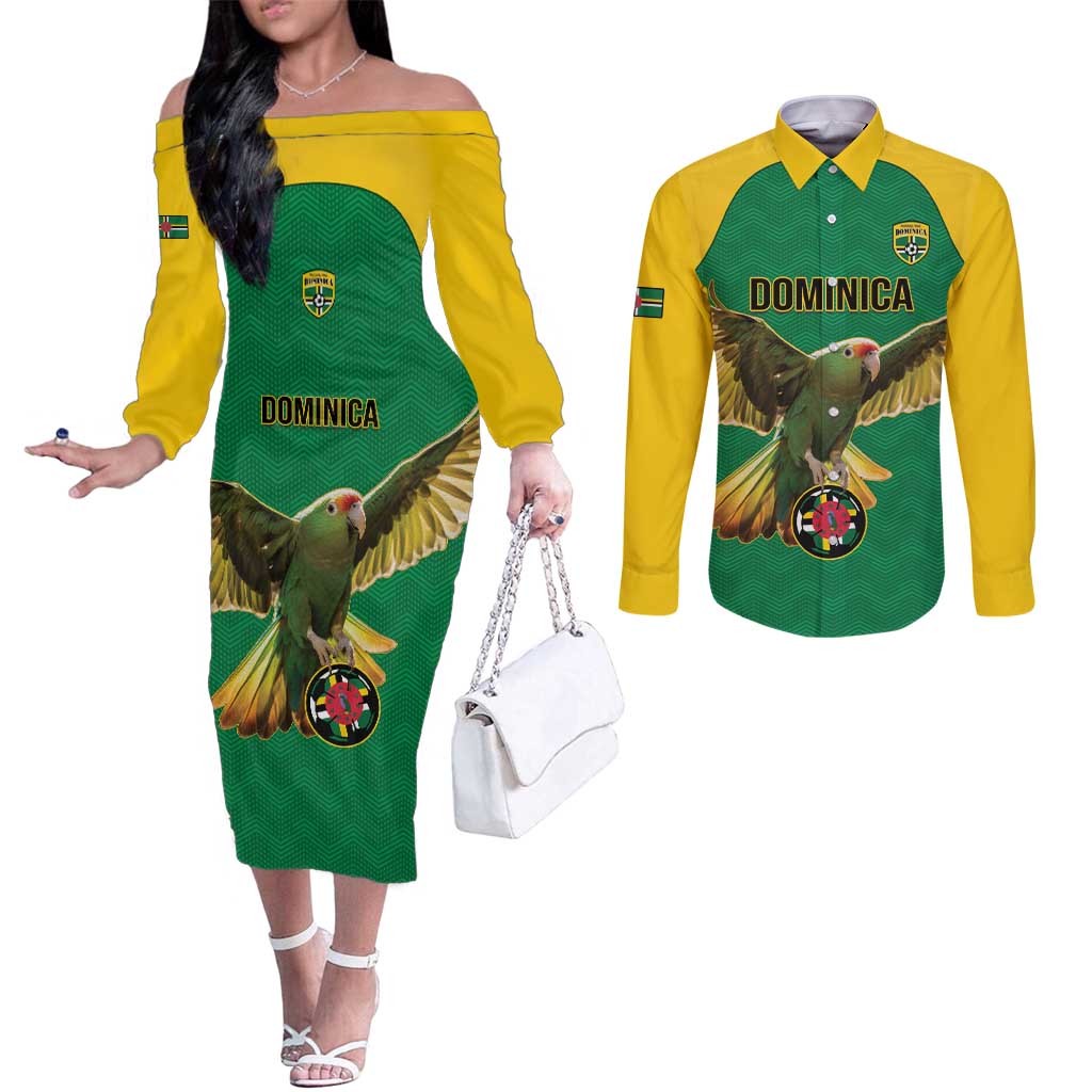 Custom Dominica Football Couples Matching Off The Shoulder Long Sleeve Dress and Long Sleeve Button Shirt Sisserou Parrot Green Color