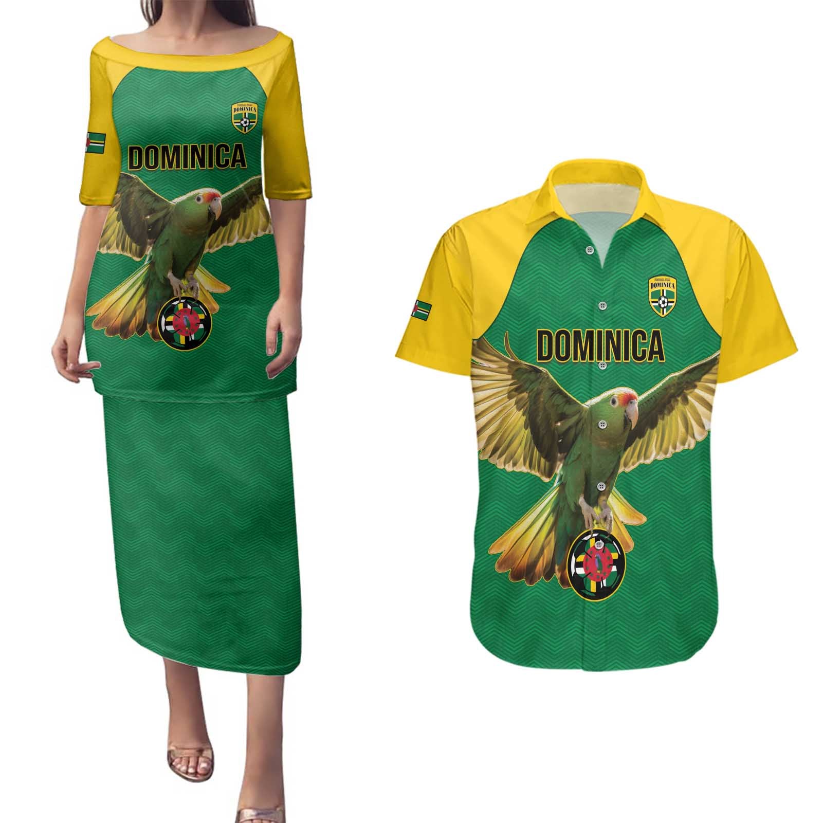 Custom Dominica Football Couples Matching Puletasi and Hawaiian Shirt Sisserou Parrot Green Color - Wonder Print Shop