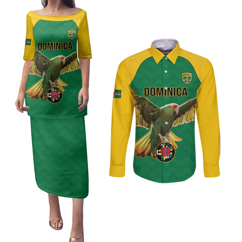 Custom Dominica Football Couples Matching Puletasi and Long Sleeve Button Shirt Sisserou Parrot Green Color - Wonder Print Shop