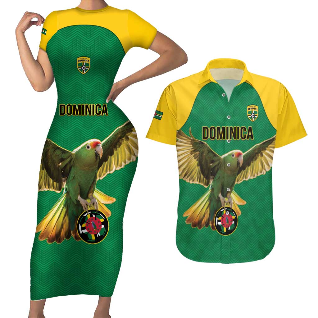 Custom Dominica Football Couples Matching Short Sleeve Bodycon Dress and Hawaiian Shirt Sisserou Parrot Green Color - Wonder Print Shop