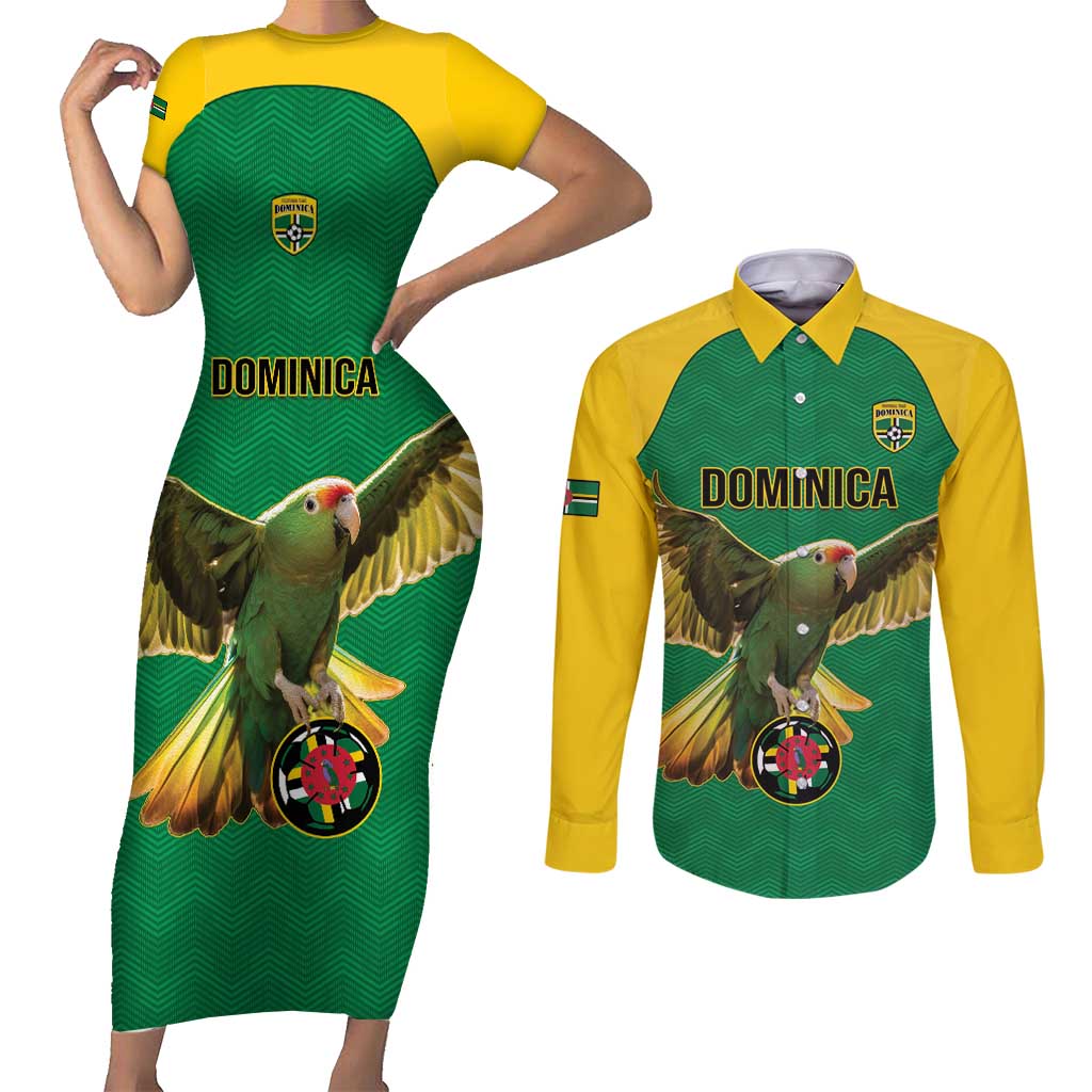 Custom Dominica Football Couples Matching Short Sleeve Bodycon Dress and Long Sleeve Button Shirt Sisserou Parrot Green Color - Wonder Print Shop