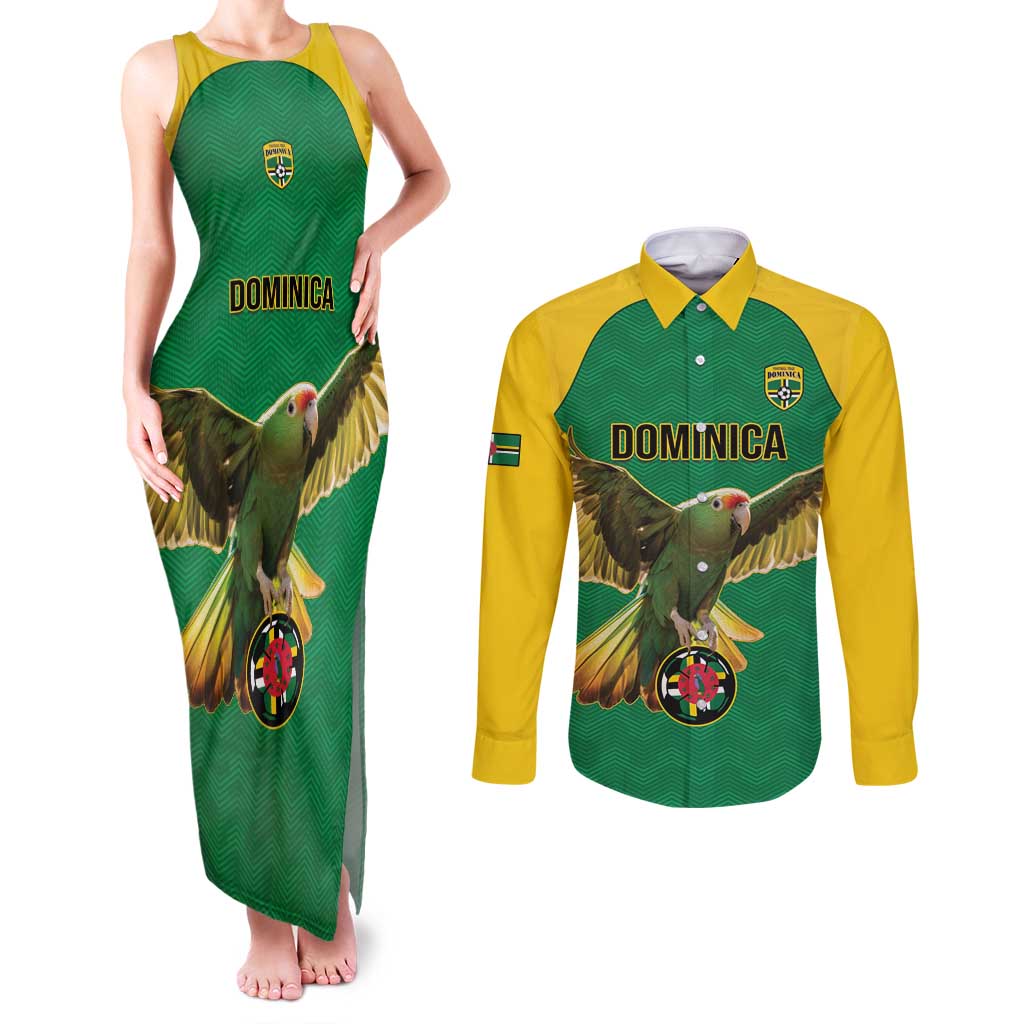 Custom Dominica Football Couples Matching Tank Maxi Dress and Long Sleeve Button Shirt Sisserou Parrot Green Color - Wonder Print Shop