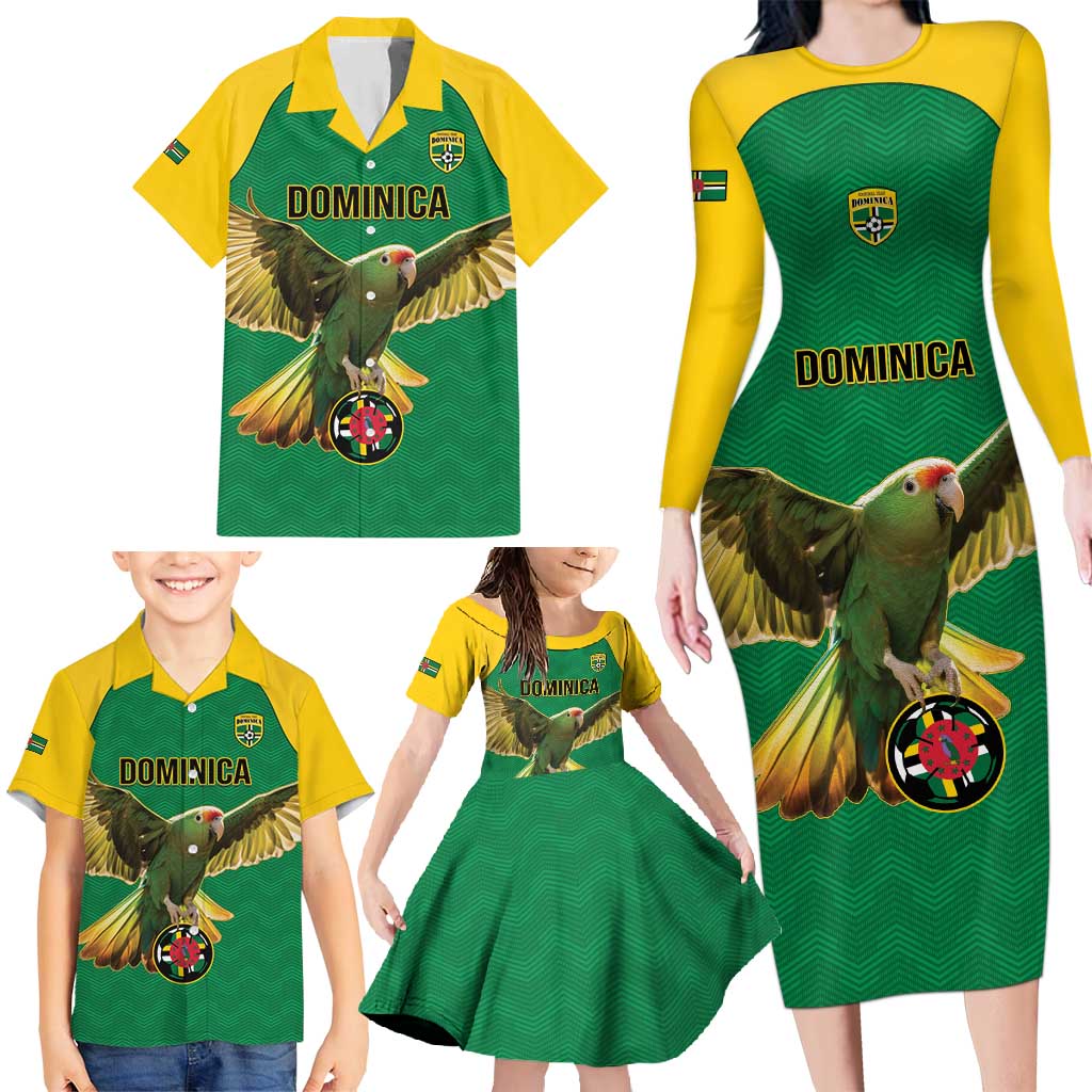 Custom Dominica Football Family Matching Long Sleeve Bodycon Dress and Hawaiian Shirt Sisserou Parrot Green Color - Wonder Print Shop