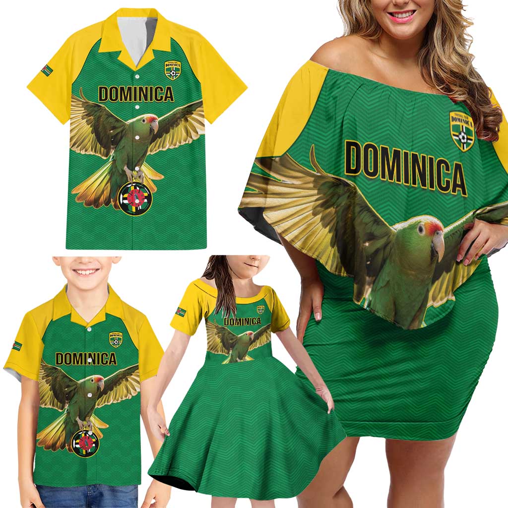 Custom Dominica Football Family Matching Off Shoulder Short Dress and Hawaiian Shirt Sisserou Parrot Green Color - Wonder Print Shop