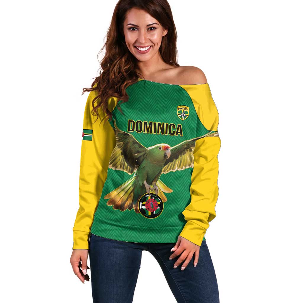 Custom Dominica Football Off Shoulder Sweater Sisserou Parrot Green Color - Wonder Print Shop