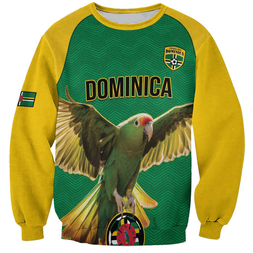 Green football sweatshirt with yellow sleeves, Dominica parrot graphic and crest