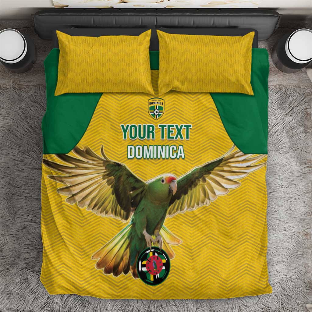 Yellow and green Dominica parrot football bedding set with two yellow pillows