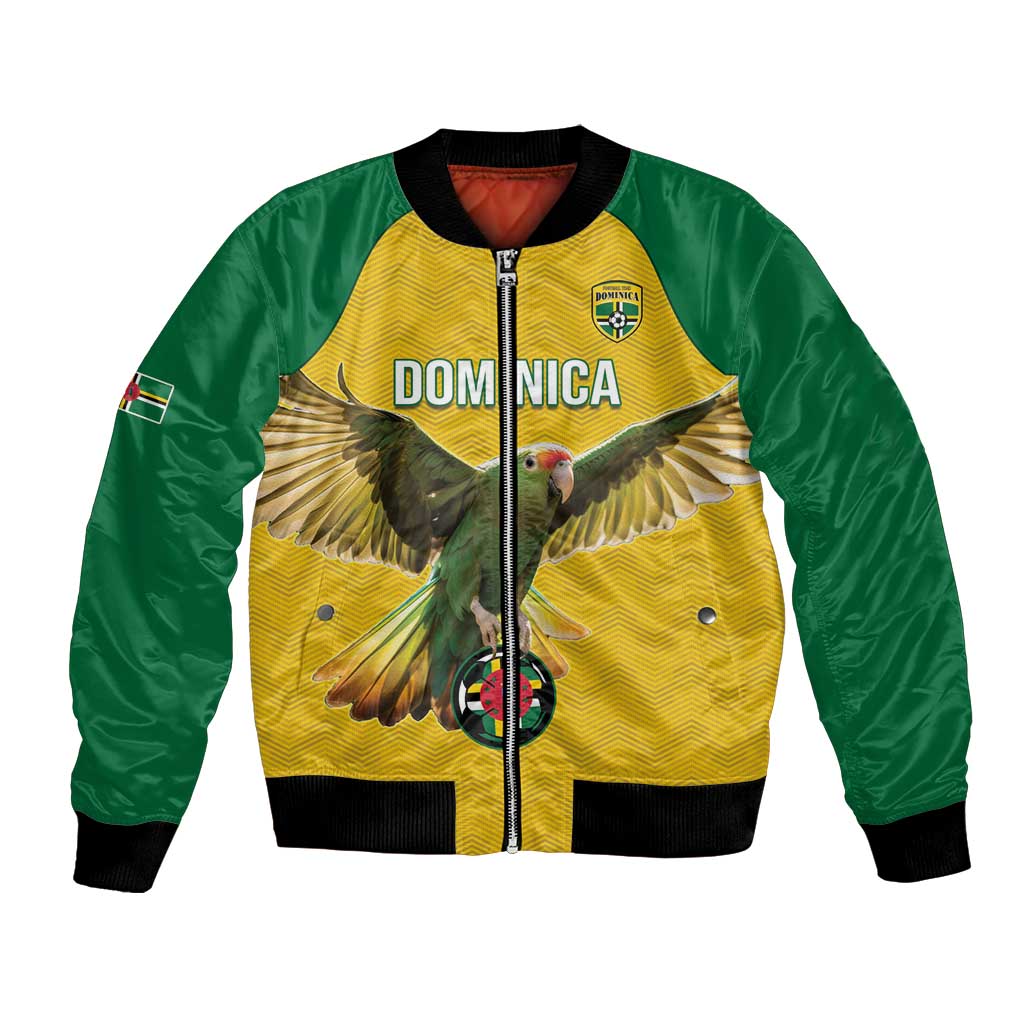 Yellow and green satin football bomber jacket with zip front and parrot graphic patch