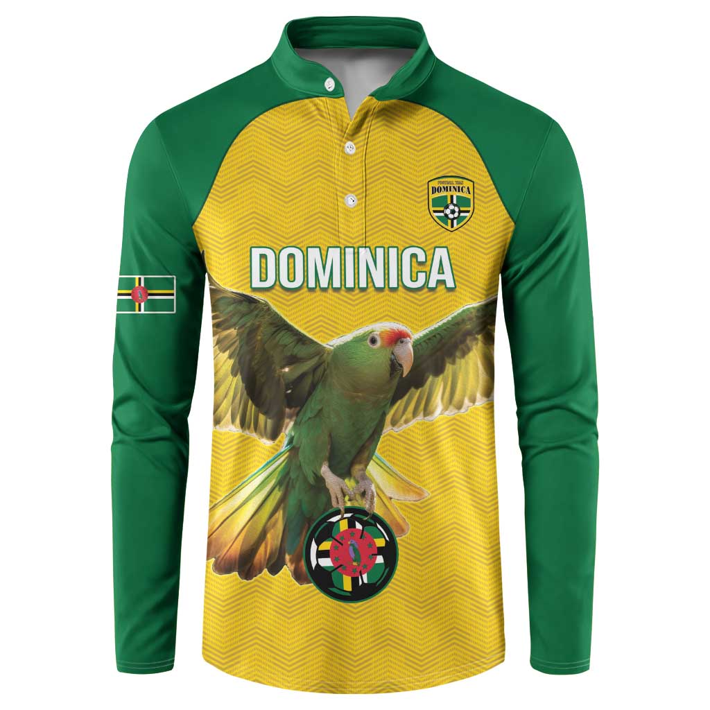 Green and yellow Dominica button football sweatshirt with front parrot and DOMINICA logo