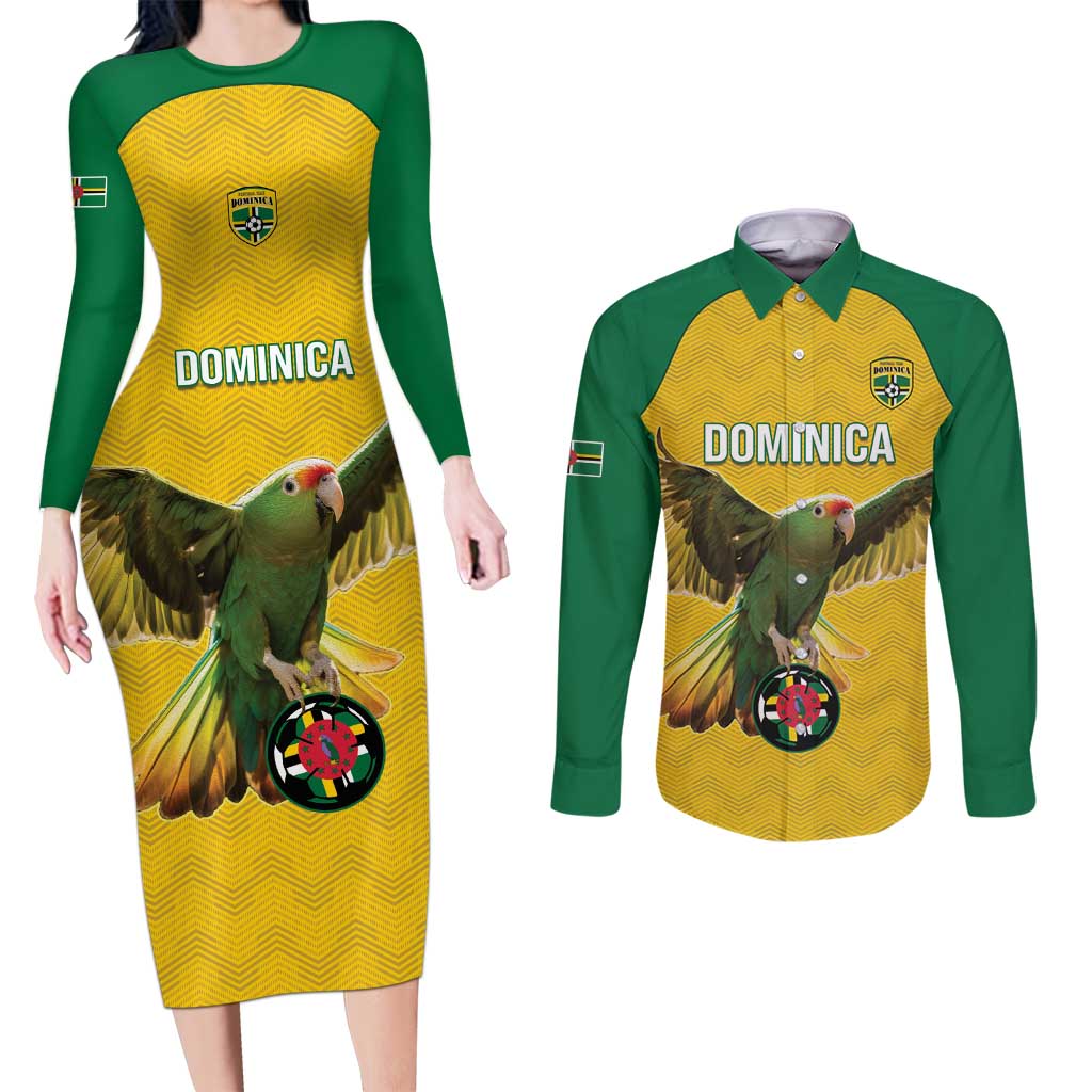 Custom Dominica Football Couples Matching Long Sleeve Bodycon Dress and Long Sleeve Button Shirt Sisserou Parrot Yellow Color - Wonder Print Shop