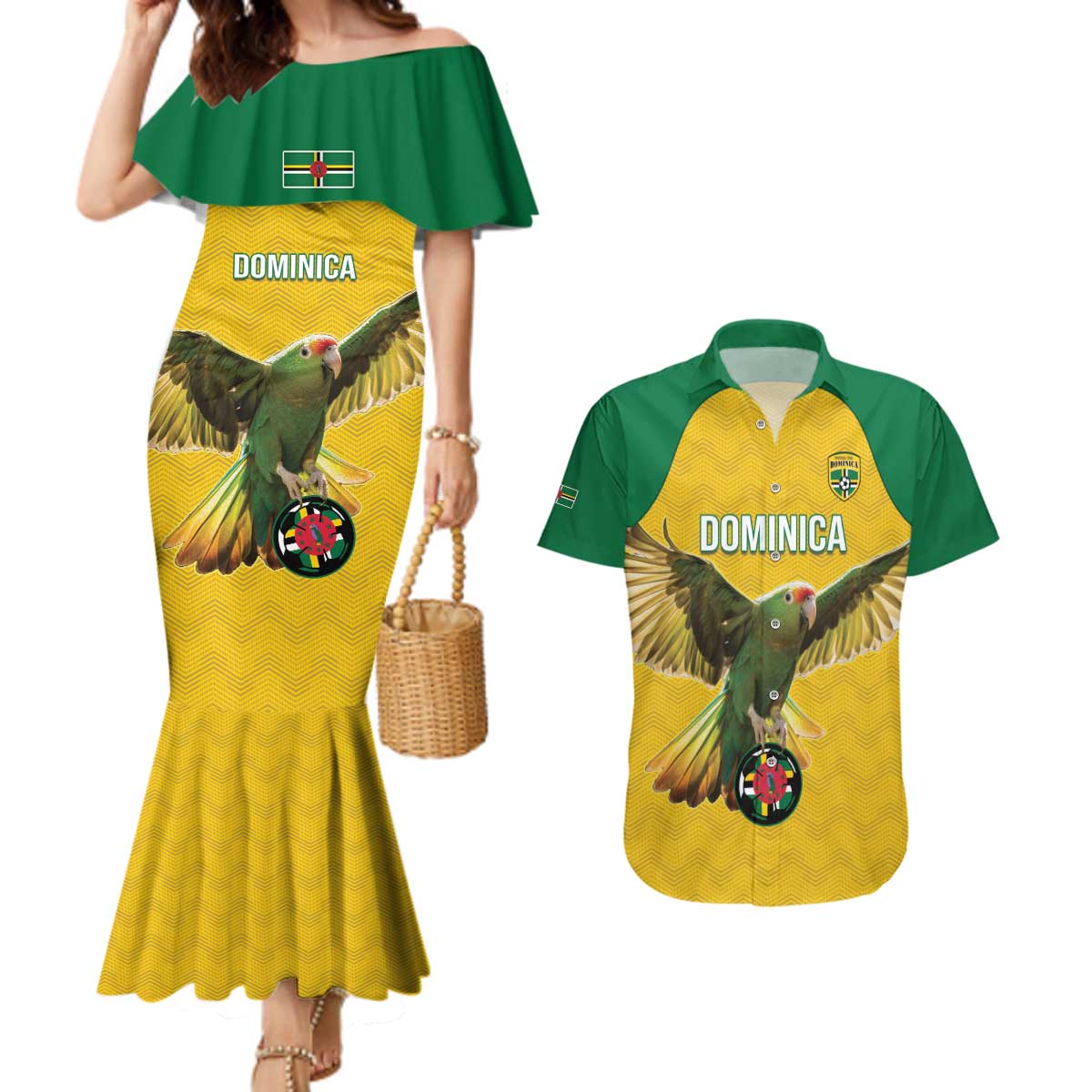 Custom Dominica Football Couples Matching Mermaid Dress and Hawaiian Shirt Sisserou Parrot Yellow Color - Wonder Print Shop