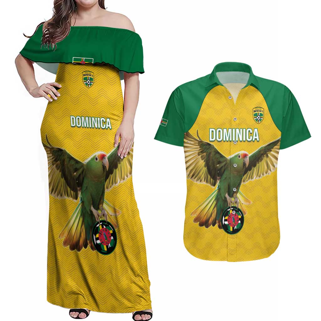 Custom Dominica Football Couples Matching Off Shoulder Maxi Dress and Hawaiian Shirt Sisserou Parrot Yellow Color - Wonder Print Shop