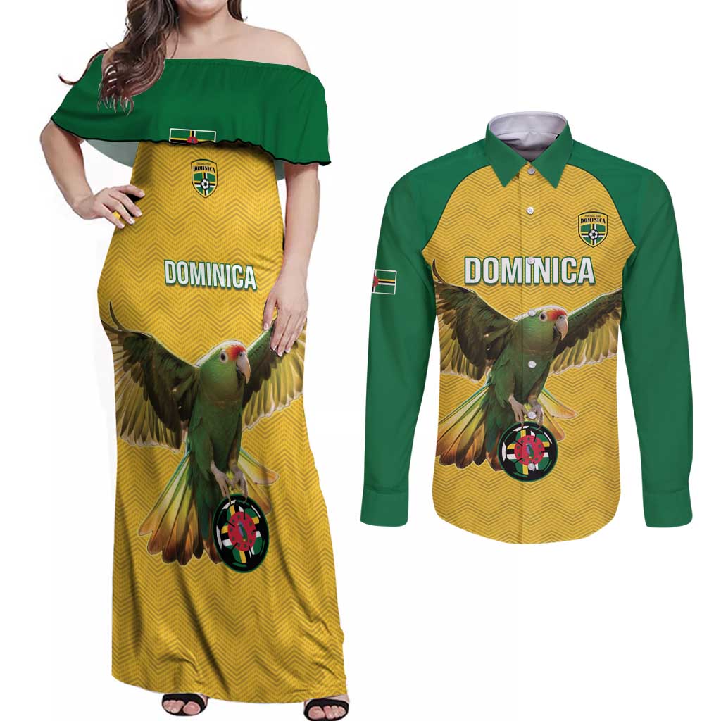 Custom Dominica Football Couples Matching Off Shoulder Maxi Dress and Long Sleeve Button Shirt Sisserou Parrot Yellow Color - Wonder Print Shop