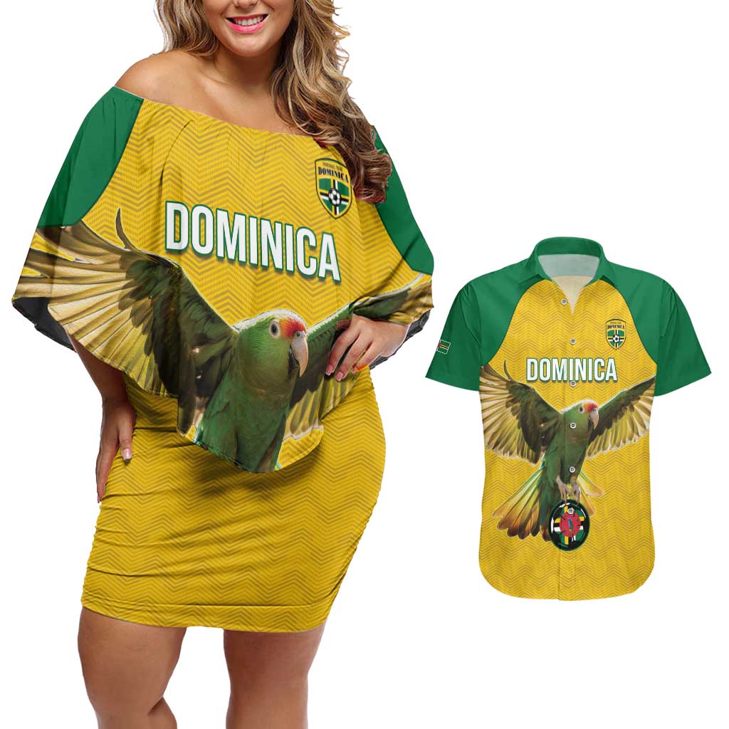 Custom Dominica Football Couples Matching Off Shoulder Short Dress and Hawaiian Shirt Sisserou Parrot Yellow Color - Wonder Print Shop